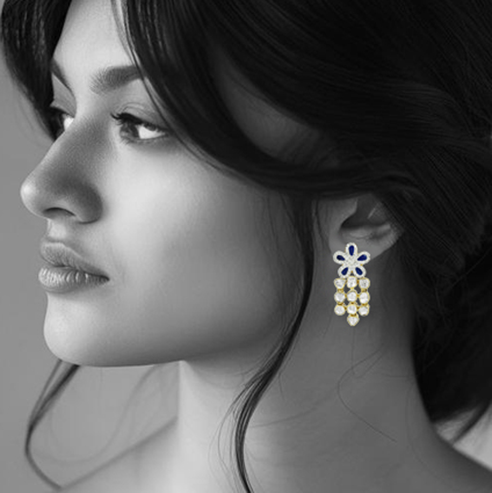 Floral Polki Earrings with Blue Stone and Cascading Polkis